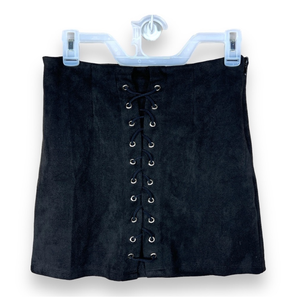 SMALL SEEK THE LABEL BLACK FAUX SUEDE MINI SKIRT STRETCH GOTH FALL CORSET FRONT
